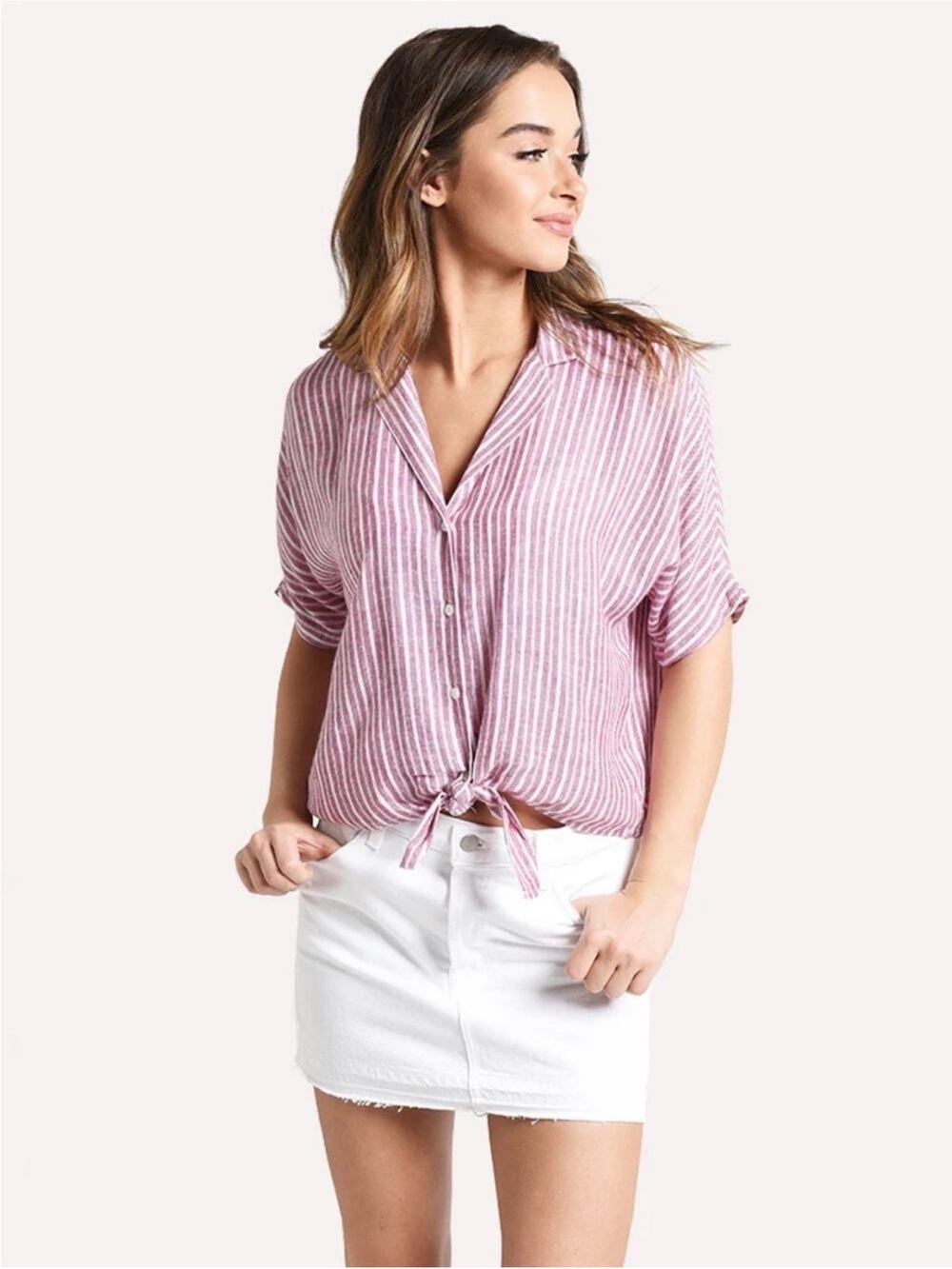 Rails Marley Lucia Striped Tie Front Button Shirt Crop Red White Large
